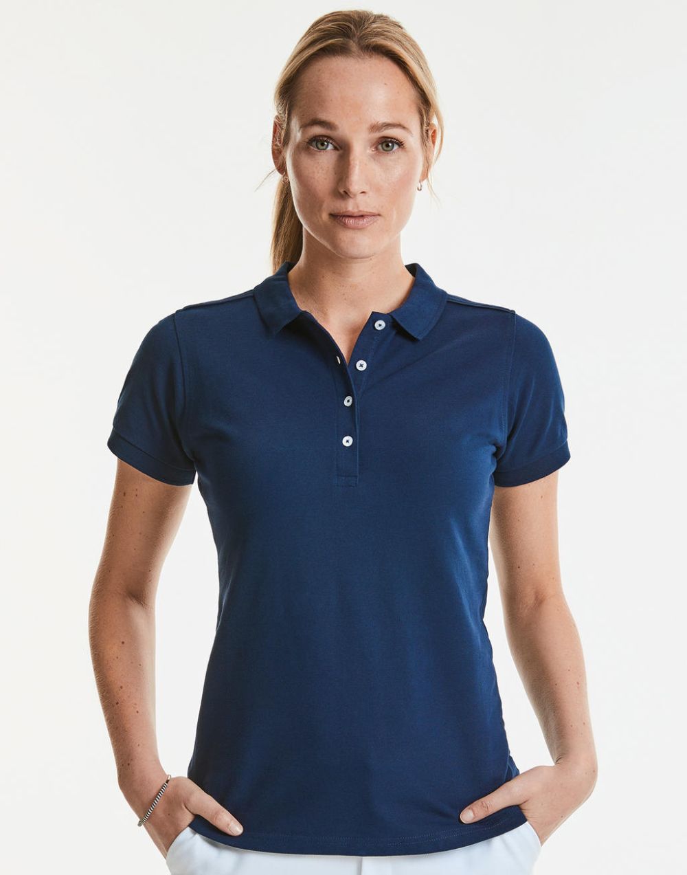 Polos manga corta russell stretch mujer con publicidad vista 1