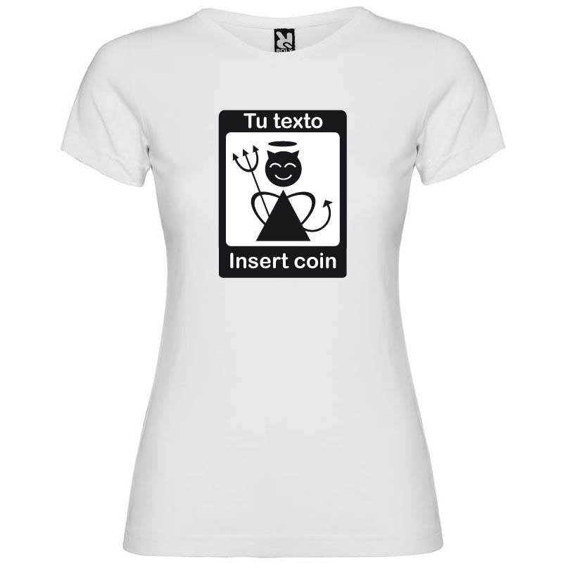 Camiseta blanca de despedida para mujer con seÃ±al insert coin vista 1