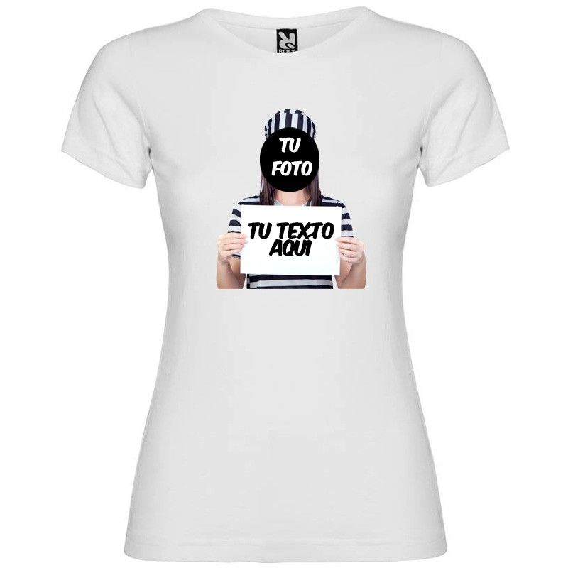 Camiseta blanca para fiestas de despedida con diseño de fugitiva con impresión vista 1