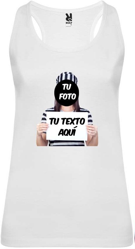 Camiseta blanca de tirantes para despedida de soltera con diseÃ±o de fugitiva para personalizar vista 1