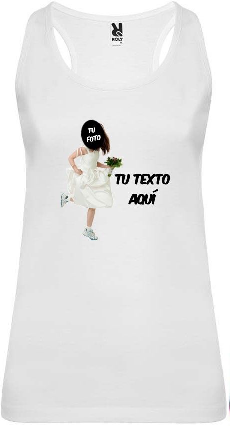 Camiseta blanca de tirantes para despedida de soltera con diseño novia corriendo para personalizar vista 1