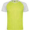 Camisetas técnicas roly indianapolis de poliéster verde fluor blanco con publicidad vista 1