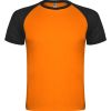Camisetas técnicas roly indianapolis de poliéster naranja fluor negro con publicidad vista 1